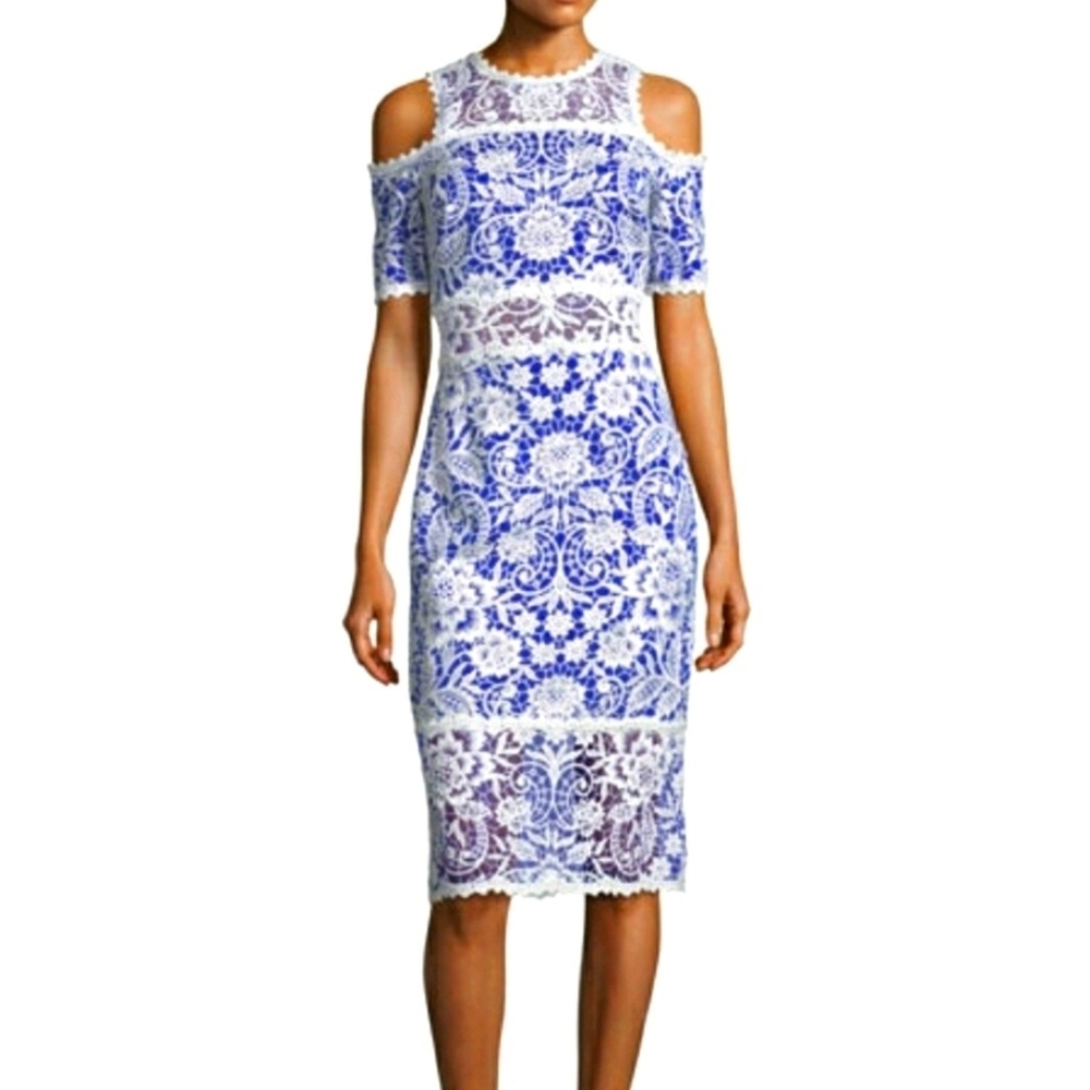 Tadashi Shoji Blue and White Lace Midi Dress